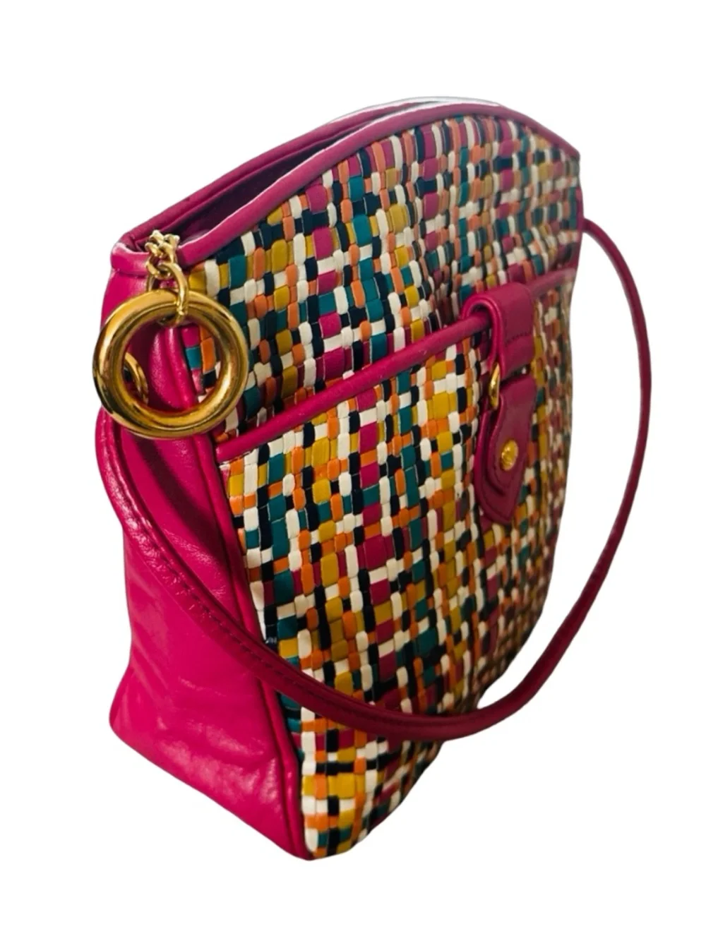 GANSON San Francisco Vintage Woven Leather Handbag 8”x 7.5”x 3” Multicolor Pink
